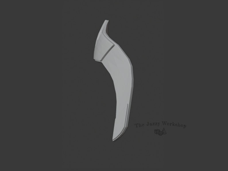 May include: A 3D printed model of a curved, gray, blade-shaped object. The object is smooth and has a slight curve to it. The object is printed in a light gray color.