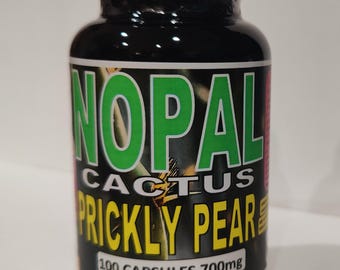 May include: A black bottle with a white label that reads "NOPAL CACTUS PRICKLY PEAR 100 CAPSULES 700mg EXP NOV 2027".
