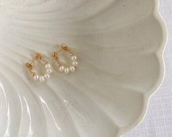 beaded pearl hoop studs