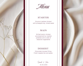 Elegant Burgundy Wedding Menu Template | Editable Canva Reception Card | Printable Wedding Reception Menu | Old Money Wedding Menu