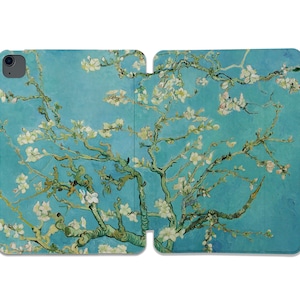 May include: A blue and green phone case with a painting of a blooming almond tree branch with white flowers against a blue sky.