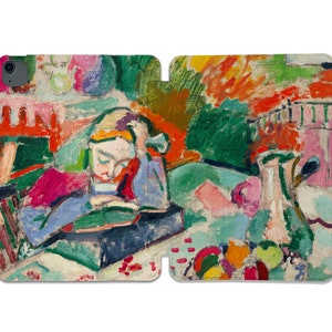 May include: An iPad case displaying a painting of a person reading, alongside a still life of fruit and a vase. The artwork uses bold brushstrokes and a vibrant palette of reds, greens, blues, and oranges, creating a lively and expressive design.