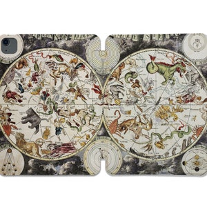 Peut inclure: Une illustration vintage des constellations du zodiaque. L'image est en format circulaire avec les constellations représentées dans un style détaillé et complexe. Les constellations sont entourées d'un fond noir avec des nuages et des étoiles.