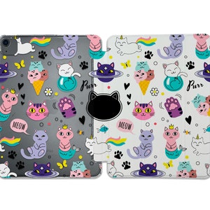 May include: A white case with a colourful pattern of cats, rainbows, stars, and paw prints. The case has the words "Meow" and "Purr" on it.