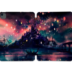 May include: A digital illustration of a castle with a winding path leading up to the top. The castle is surrounded by a body of water and a bridge. The sky is filled with glowing lanterns.