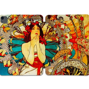 May include: A vintage art nouveau style illustration of a woman with long dark hair, wearing a white dress with a red sash, surrounded by colorful flowers and birds.