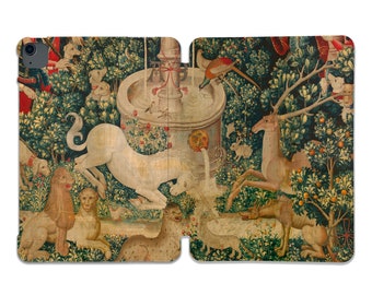 May include: A tapestry depicting a fantastical forest scene with a unicorn, a deer, a lion, and other animals. The tapestry features a fountain in the center and is filled with vibrant colors and intricate details.