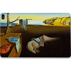 May include: A surrealist painting depicting a melting clock hanging from a tree branch, another melting clock on the ground, and a third clock on a hand reaching out from the ground. The painting is set against a backdrop of a calm sea and a distant rocky shore.