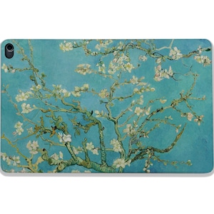 May include: A painting of a blooming almond tree with white flowers against a blue sky. The branches of the tree are depicted in a stylized, expressive manner, characteristic of the artist's style.