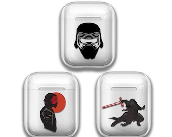 May include: Three white Airpod cases featuring different Star Wars Kylo Ren designs. The first case has a black silhouette of Kylo Ren's helmet. The second case has a black silhouette of Kylo Ren with a red sun behind him. The third case has a black silhouette of Kylo Ren holding a red lightsaber.