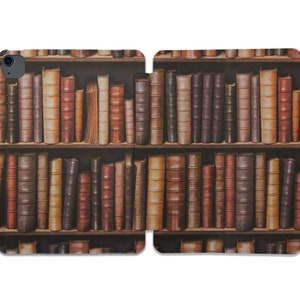 May include: A close-up of a bookshelf filled with rows of vintage-looking books with brown leather spines. The books are arranged in a symmetrical pattern, creating a visually appealing and classic aesthetic.
