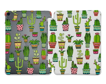 May include: A white case with a colourful cactus pattern for an iPad or tablet. The case has a flap that folds over to protect the screen.
