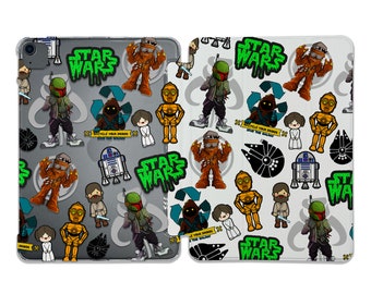 Puede incluir: Una funda de teléfono blanca con un patrón repetitivo de personajes y símbolos de Star Wars. Los personajes incluyen Chewbacca, Boba Fett, R2-D2, C-3PO y la princesa Leia. Los símbolos incluyen el logotipo de Star Wars, la Estrella de la Muerte y símbolos de reciclaje. El texto "Recycle Your Trash Save The Galaxy" se repite en todo el patrón.