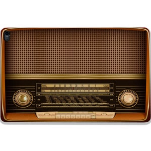 Może przedstawiać: Radio w stylu vintage z brązowym wykończeniem imitującym drewno i złotymi akcentami. Radio ma tarczę z numerami i literami oraz dwa pokrętła po obu stronach. Radio ma prostokątny kształt.
