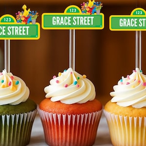 Custom name Sesame street name Cupcake toppers with Acrylic Rod 12-36 PC for kids birthday parties and more
