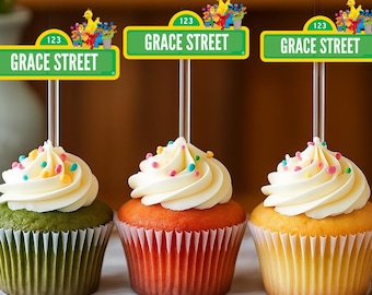 Custom street name Cupcake toppers with Acrylic Rod 12-36 PC for kids birthday parties and more