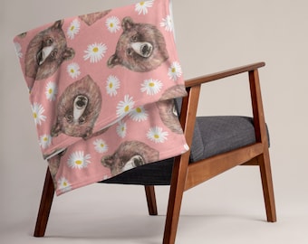 Bear and Daisy Throw Blanket, Bear Lovers Gift, Bear Blanket, Bear Throw, Bear Home Decor, Mother's Day Throw, Mother's Day Blanket