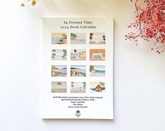 2024 Desk Calendar "In Present Time" edition with Wooden Stand | Ocean & Surf illustration