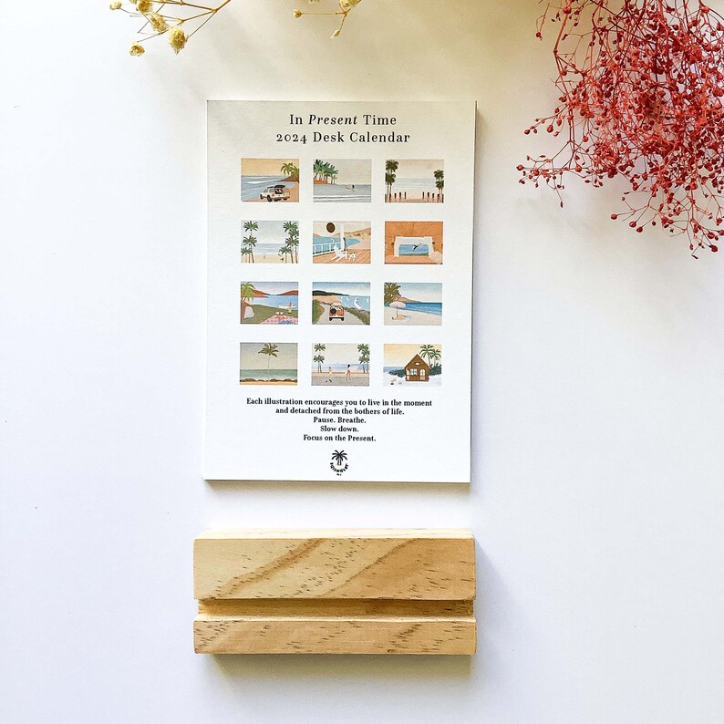 2024 Desk Calendar In Present Time edition with Wooden Stand Ocean & Surf illustration image 2