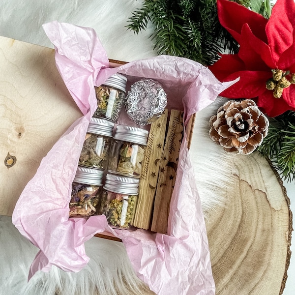 Räucher Set aus verzierter Holzbox, Räuchermischungen, 2 Palo Santo mit Botschaft Wunscherfüller und Kohletablette