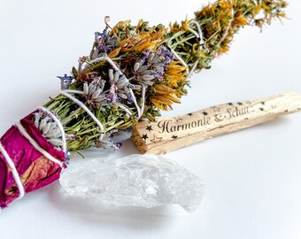 Räucherbündelset Harmonie und Schutz mit Johanniskraut, Lavendel, Bergkristall und Palo Santo