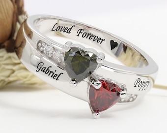 Dual Heart Birthstones Ring for Women, Custom Engraved 2 Names Ring for Her