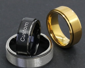 Custom Engraved Fidget Spinner Ring for Men, Personalize Anxiety Spinner Ring, His Promise Ring, Stainless Steel Ring, Customized Spin Band