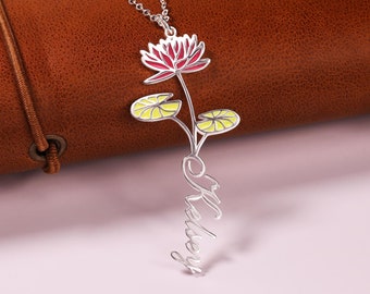 Collier de nom floral personnalisé, colliers de nom personnalisés, collier de fleur de naissance, cadeau de bijoux pour son anniversaire, cadeau de fête des mères