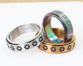 Custom Fidget Spinner Ring for Women, Personalize Anxiety Ring for Her, Daisy Flower Spin Ring, Spinning Band, Rotatable Ring