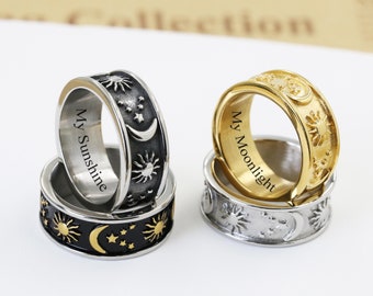 Personalized Sun Moon Star Ring, Custom Engraved Stainless Steel Ring, Titanium Steel Band, BFF Ring, Vintage Ring, Anniversary Gift for Him