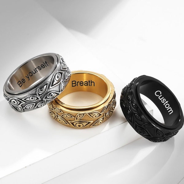 Custom Fidget Ring for Men, Personalized Anxiety Ring for Him, Evil Eyes Band, Eye of Horus Rings, Spinner Ring