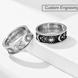 Personalized Sun Moon Star Ring for Couple, Custom Engraved Stainless Steel Rings,  Titanium Steel Matching Bands, BFF Rings, Vintage Rings