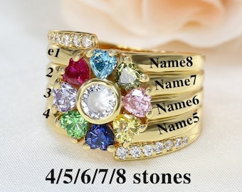 Heart Mothers Ring with 4,5,6,7,8 Birthstones, Custom Nana Rings Engraved Name, Personalized Ring for Women, Family Ring for Grandma Mom