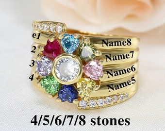 Heart Mothers Ring with 4,5,6,7,8 Birthstones, Custom Nana Rings Engraved Name, Personalized Ring for Grandma Mom, Mothers Day Gift