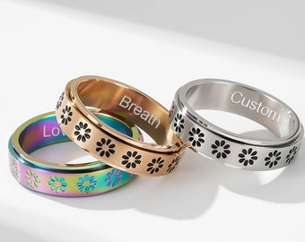 Aangepaste Fidget Spinner Ring voor vrouwen, Personaliseer angstring voor haar, Daisy Flower Meditatie Ring, Stress Relief Spinning Band