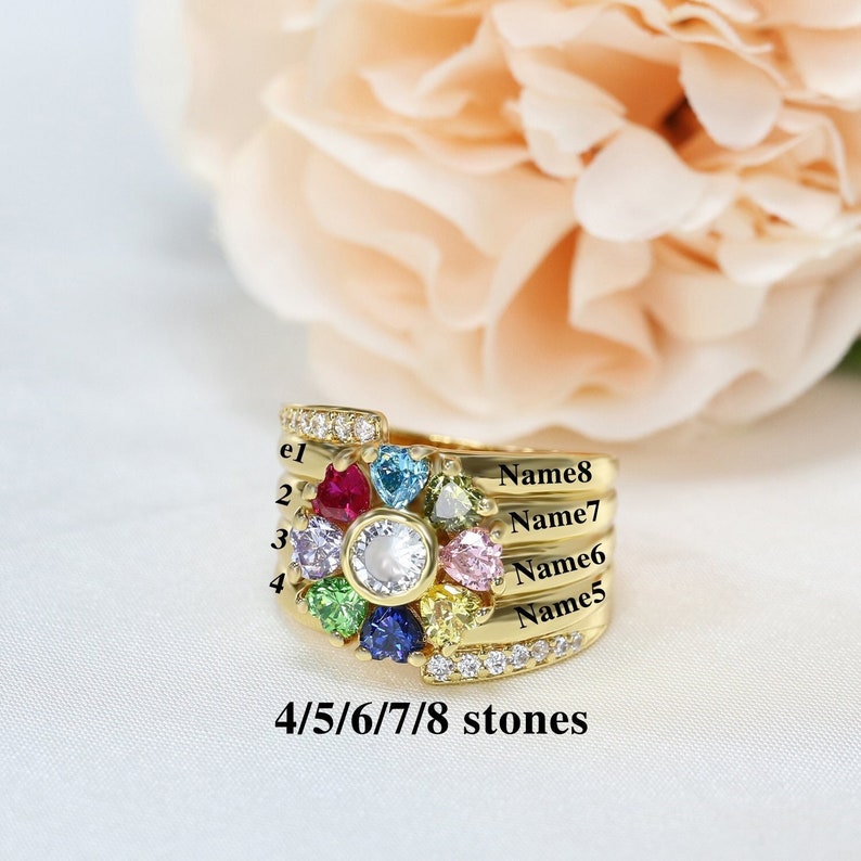 Heart Mothers Ring with 4,5,6,7,8 Birthstones, Custom Nana Rings Engraved Name, Personalized Ring for Grandma Mom, Mothers Day Gift image 1