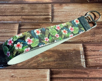 Hibiscus Keychain, Floral Wristlet, Floral Key Fob, Faux leather wristlet keyfob