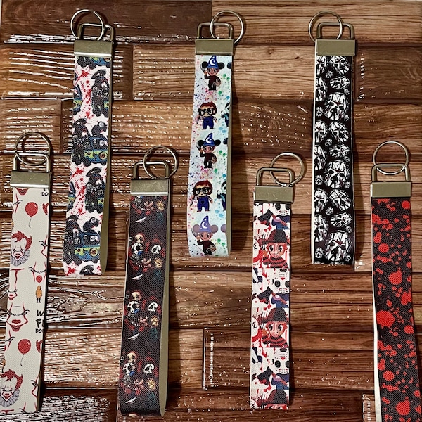 Horror Movie Faux Leather Wristlet Keychain, Halloween Key Fob