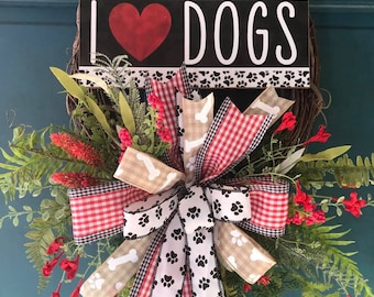 Dog wreath, grapevine wreath, Dog lover, animal lover, everyday wreath, pet wreath, paw print ribbon, animal wreath, front door wreath