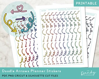 Adesivi per planner Doodle Arrow, adesivi stampabili fai da te (file PDF, PNG Cricut, Silhouette)