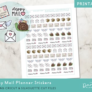 May include: Printable planner stickers featuring a snail carrying mail, envelopes, and the text "Happy Mail".