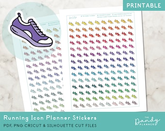 Op de afbeelding: Printbare planner stickers met kleurrijke hardloopschoen-iconen. De stickers zijn ontworpen voor gebruik met een planner of dagboek. De afbeelding toont een vel met stickers in verschillende kleuren en ontwerpen.