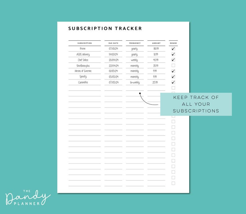 Subscription Tracker Printable: Home Organizer Inserts (A5, A4, Letter ...