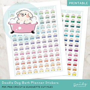 May include: Printable planner stickers featuring a cartoon dog taking a bath in a pink bathtub with white bubbles. The stickers are in a variety of colors and are perfect for adding a touch of fun to your planner.