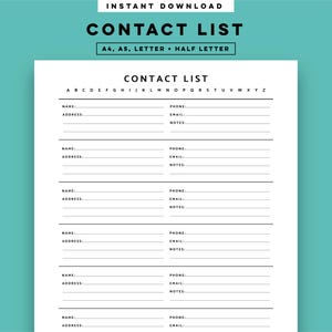 Contact List Tracker Printable, Contact List Organiser Planner Inserts A5, A4, Half-Letter & Letter PDF Instant Download Template
