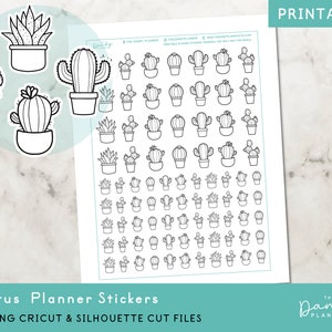 Doodle Cactus Icons Planner pegatinas imprimibles, cactus plantas iconos planificación pegatinas, pegatina imprimible diy, pegatinas cortadas a mano y cortadas a máquina
