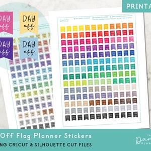 May include: Printable planner stickers with a colorful flag design. Each flag says "Day Off" in a handwritten font. The stickers are arranged in rows and columns on a white background.