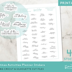 Puede incluir: Pegatinas imprimibles para planificador de Navidad con 45 actividades diferentes, que incluyen "empaquetar regalos", "patinar sobre hielo", "hacer una casa de jengibre", "cantar villancicos" y "mirar las luces de Navidad". Las pegatinas son blancas con texto negro y están diseñadas para ser utilizadas en un planificador.