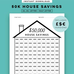 Rastreador de economia residencial de 50 mil para impressão, inserções de planejador de rastreamento de economia residencial A5, A4, meia-letra e carta em PDF, modelo para download instantâneo