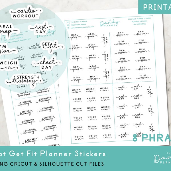 Get Fit Script Planner Stickers Printable, Script Planner Stickers, Exercise Planner Stickers PDF + CUT Files, Fitness Planner Stickers